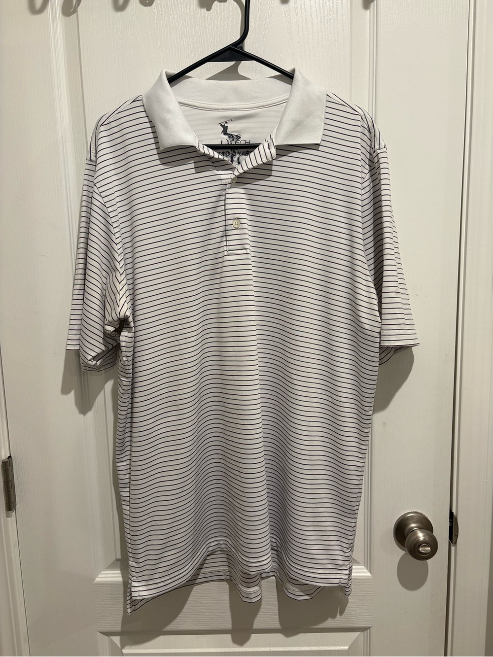 Fairway & Greene White Polo with Thin Navy Stripes